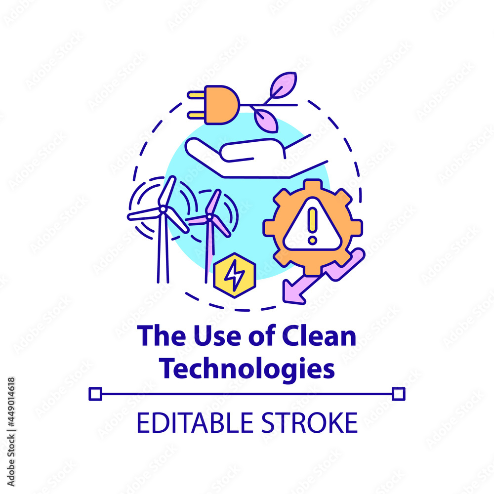 Use of clean technologies concept icon. Reduce pollution abstract idea thin line illustration. Climate change. Ecological problem solution. Vector isolated outline color drawing. Editable stroke