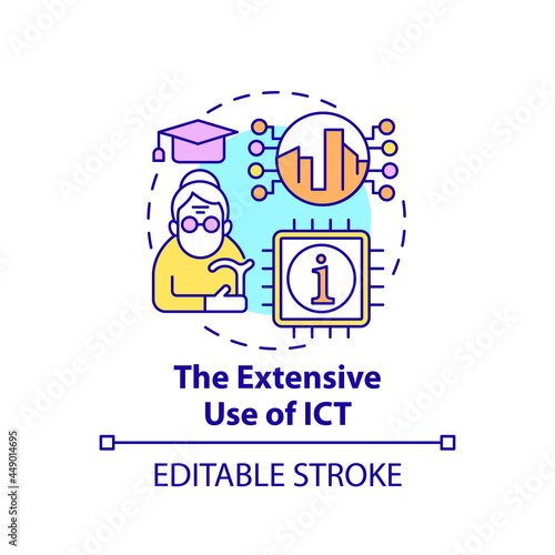 Extensive use of ICT concept icon. Information and communication technology abstract idea thin line illustration. Ict in education. Vector isolated outline color drawing. Editable stroke