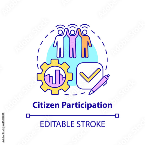 Citizen participation concept icon. People engagement abstract idea thin line illustration. Group of people make decision together. Vector isolated outline color drawing. Editable stroke
