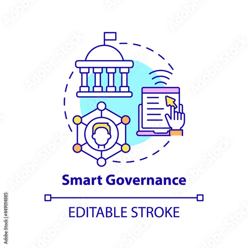Smart governance concept icon. Technology and innovation abstract idea thin line illustration. Various departments coordination and connection. Vector isolated outline color drawing. Editable stroke
