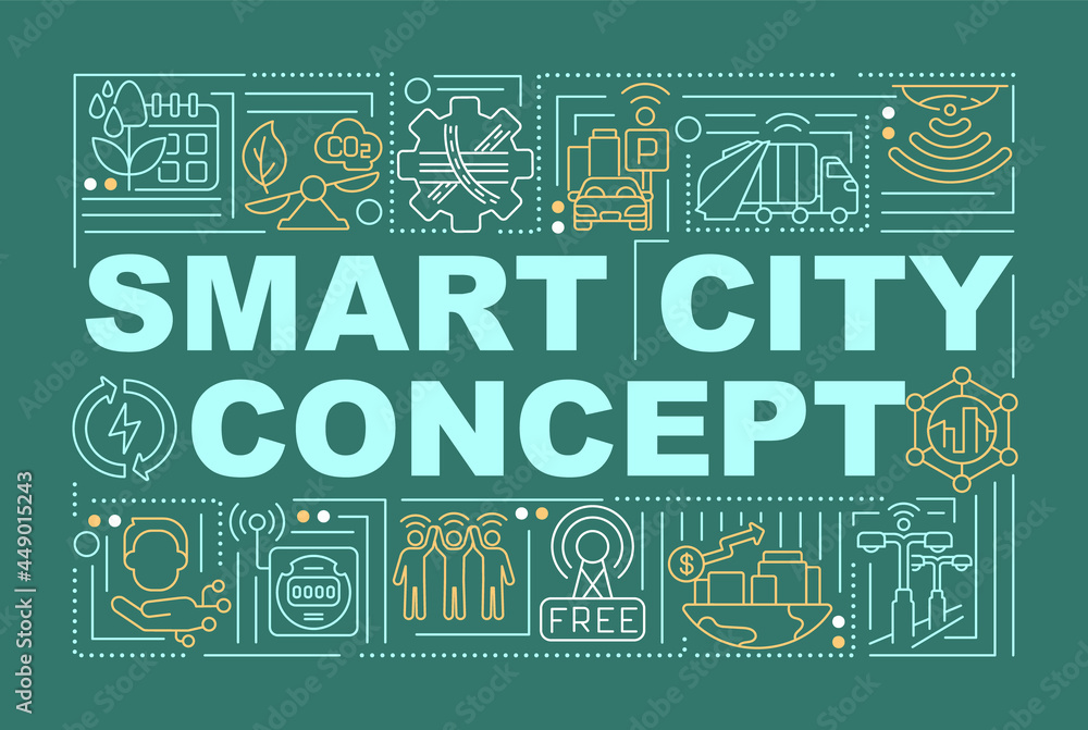 Fototapeta premium Smart urban area word concepts banner. Intelligent management of city. Infographics with linear icons on green background. Isolated creative typography. Vector outline color illustration with text