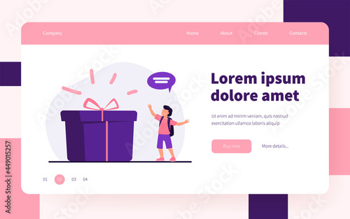 Tiny pupil standing near huge gift box. Present, surprise, boy flat vector illustration. Birthday and holiday concept for banner, website design or landing web page