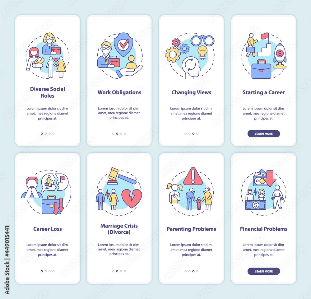Adulthood onboarding mobile app page screen. Choosing direction. Maturity issues walkthrough 8 steps graphic instructions with concepts. UI, UX, GUI vector template with linear color illustrations set