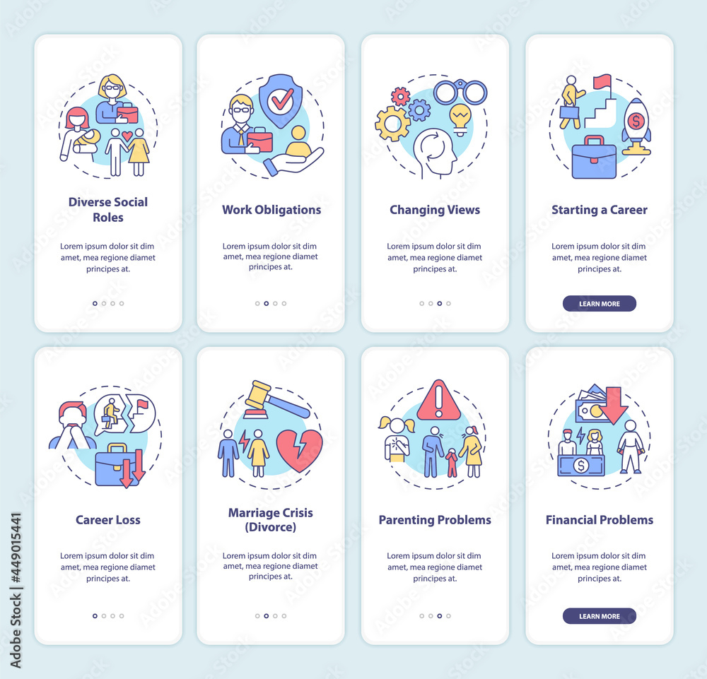 Adulthood onboarding mobile app page screen. Choosing direction ...