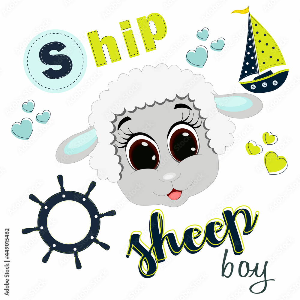 Cute Cartoon beautiful little sheep. Perfect for greeting cards, party invitations, posters, stickers, pin, scrapbooking, icons.