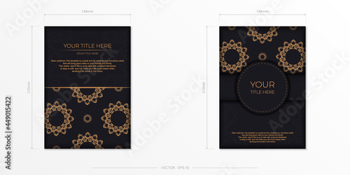 Rectangular postcards in black with luxurious gold ornaments. Vector design of invitation card with vintage patterns.