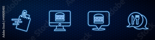 Set line Online ordering burger delivery, and, and Cafe restaurant location. Glowing neon icon on brick wall. Vector