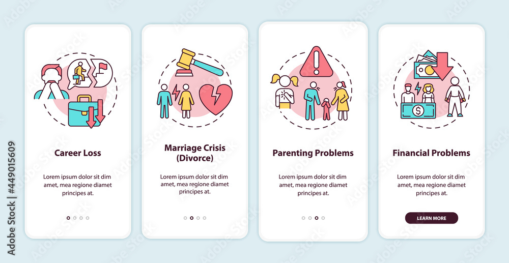 Adulthood problems onboarding mobile app page screen. Self development barriers walkthrough 4 steps graphic instructions with concepts. UI, UX, GUI vector template with linear color illustrations