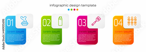 Set line Homemade pie, Lighter, Spatula and Grilled shish kebab. Business infographic template. Vector