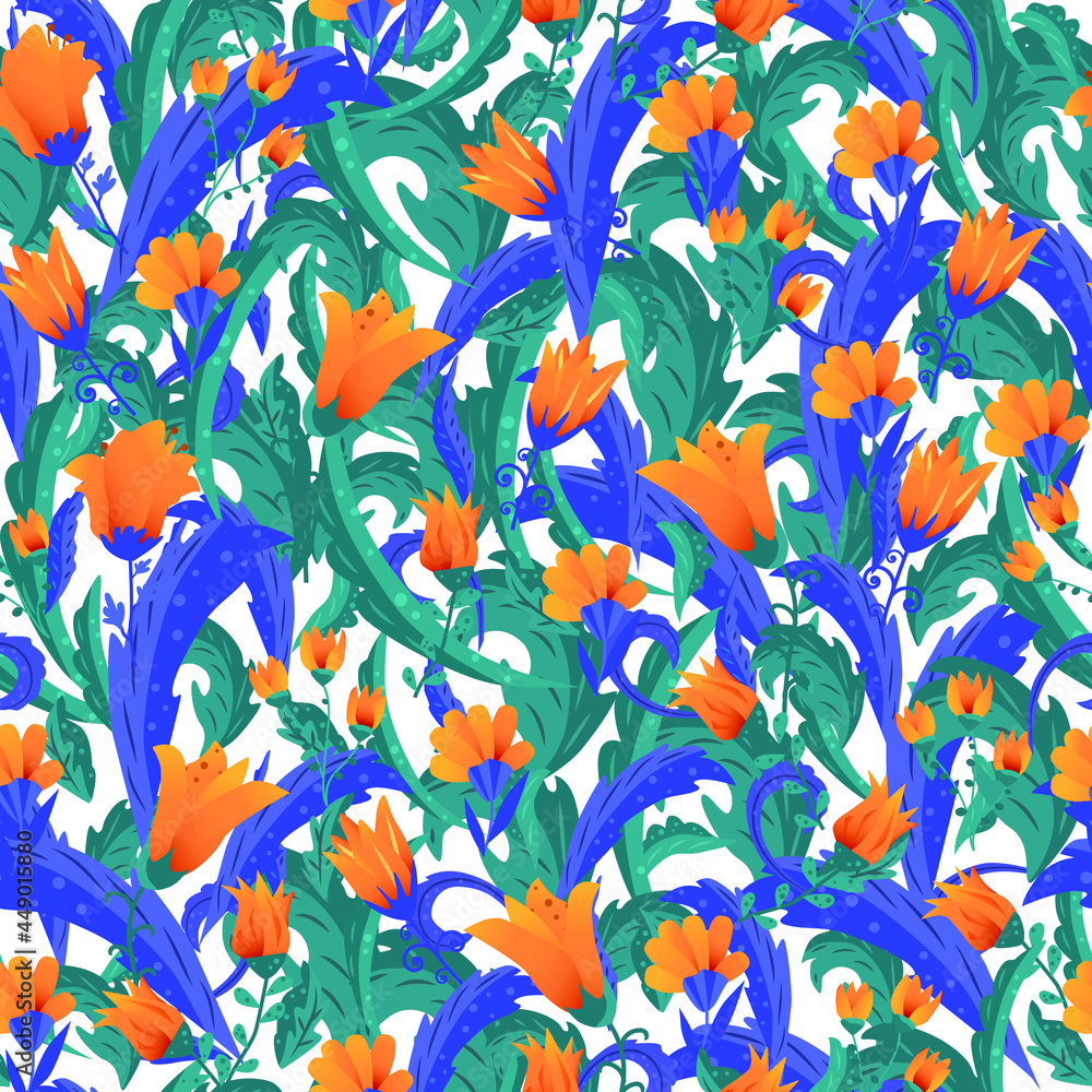 vector seamless pattern from flowers and insects. bright ornament orange flowers. decorative background for fabric and decoration of things vector seamless pattern from flowers and insects. bright ornament orange flowers. decorative background for fabric and decoration of things