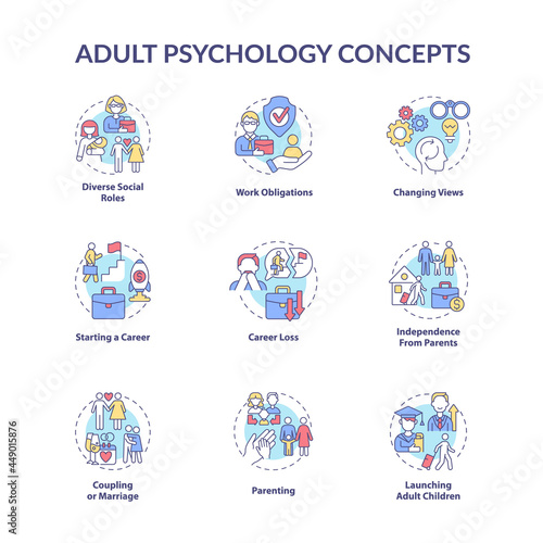 Fototapeta Naklejka Na Ścianę i Meble -  Adult psychology concept icons set. Independence from parents. Parenting. Career loss. Maturity problem idea thin line color illustrations. Vector isolated outline drawings. Editable stroke