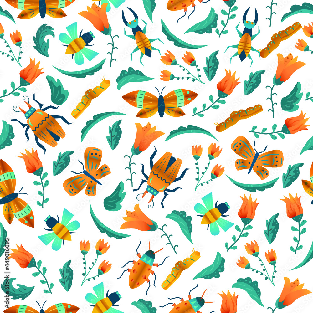 vector seamless pattern from flowers and insects. bright ornament orange flowers. decorative background for fabric and decoration of things vector seamless pattern from flowers and insects. bright ornament orange flowers. decorative background for fabric and decoration of things