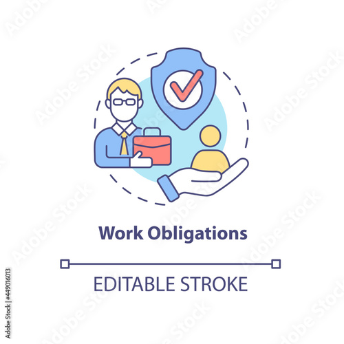 Work obligations concept icon. Legal responsibility. Health and safety measures. Employment relationship abstract idea thin line illustration. Vector isolated outline color drawing. Editable stroke