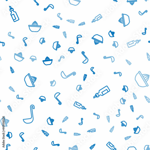 Set line Kitchen ladle, Bottle of olive oil and Citrus fruit juicer on seamless pattern. Vector