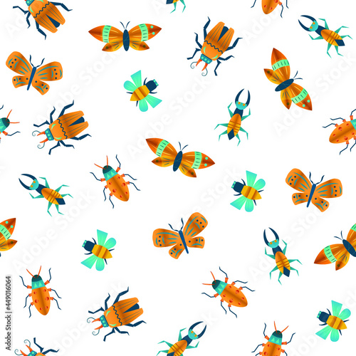 vector seamless pattern from flowers and insects. bright ornament orange flowers. decorative background for fabric and decoration of things © Tatsiana