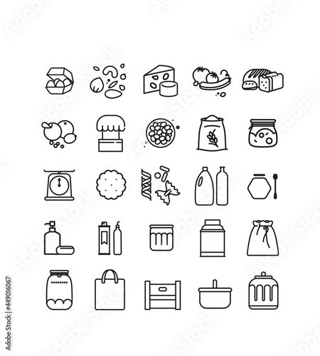 Collection de symboles, pour épicerie vrac, aliments biologiques,  bocaux réutilisables, aliments, produits secs, mock up, charte graphique, icônes, symboles, aliments, contenants réutilisables