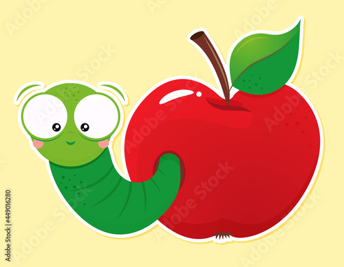 Cute green worm in red apple. Back to school character smart catterpillar animal illustration. Good for clothes, gift sets, photos or motivation posters. Preschool education T shirt typography design.