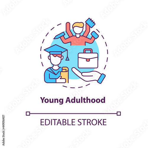 Young adulthood concept icon. Self-research and choosing way. Graduating and life stage. Human development abstract idea thin line illustration. Vector isolated outline color drawing. Editable stroke