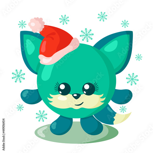 Funny cute kawaii fox with Christmas hat and round body surroundet by snowflakes in flat design with shadows. Isolated animal vector illustration 