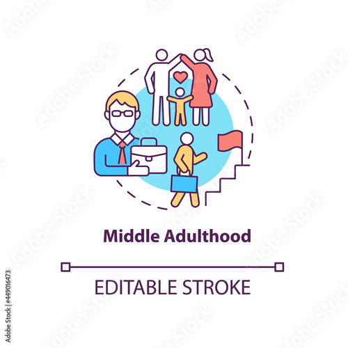 Middle adulthood concept icon. Genuine concern for the welfare future. Generation progress. Career ladder abstract idea thin line illustration. Vector isolated outline color drawing. Editable stroke