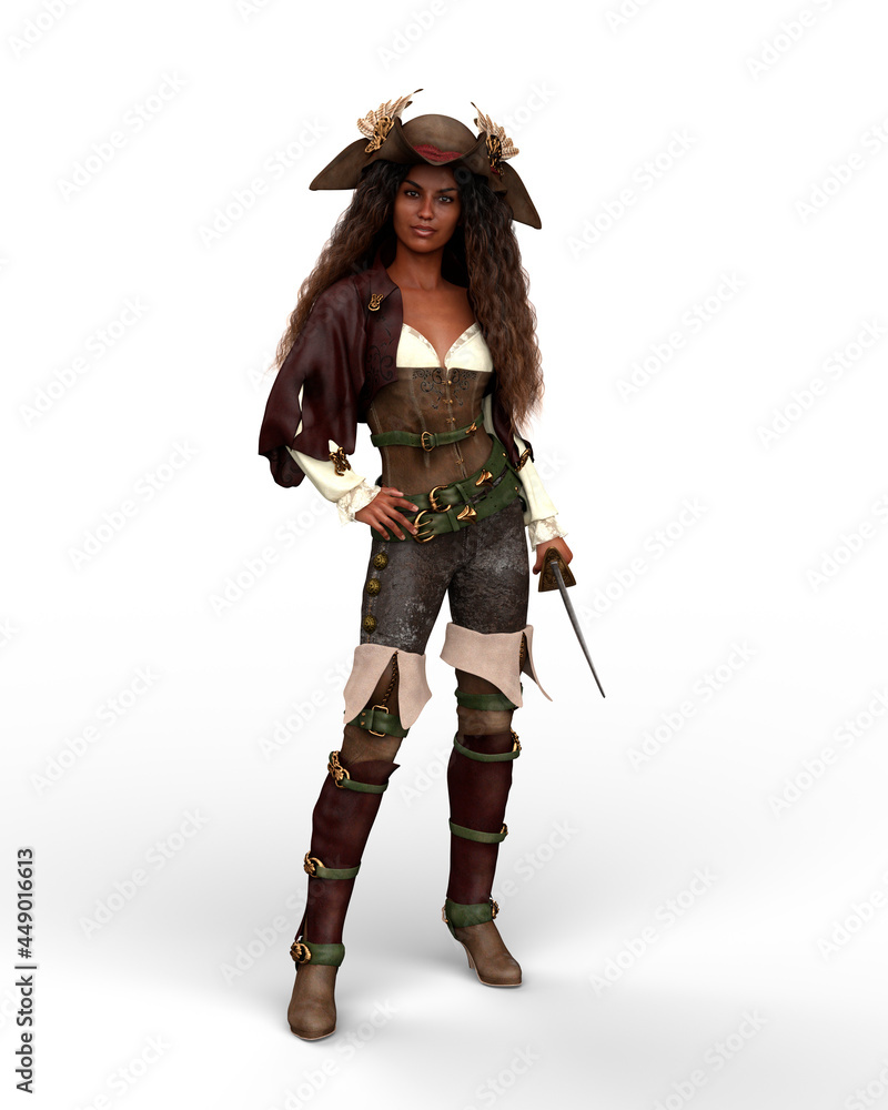 3D illustration of a beautiful pirate woman in tricorn hat standing holding a sword isolated on a white background. 3D illustration of a beautiful pirate woman in tricorn hat standing holding a sword isolated on a white background.
