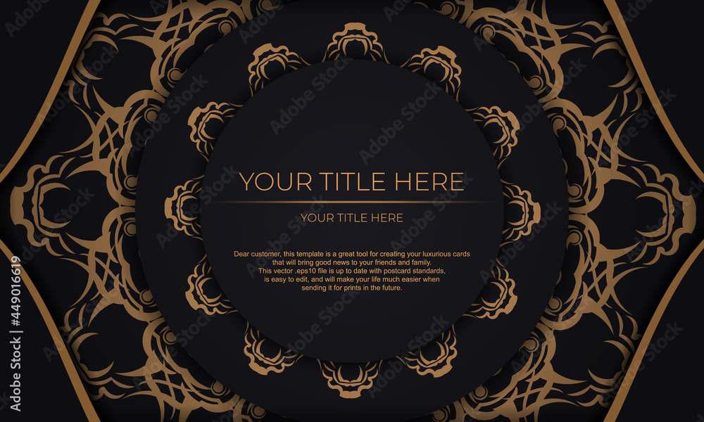 Black vector banner with luxury gold ornaments and place for your text. Template for design printable invitation card with vintage patterns.