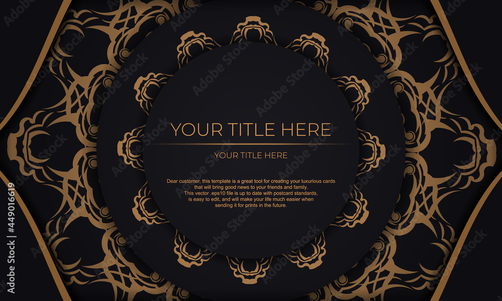 Black vector banner with luxury gold ornaments and place for your text. Template for design printable invitation card with vintage patterns. Black vector banner with luxury gold ornaments and place for your text. Template for design printable invitation card with vintage patterns.