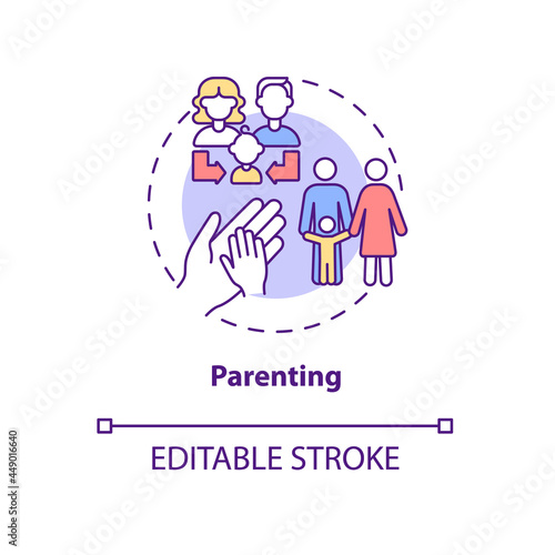 Parenting concept icon. Support and cooperation. Family life. Childbearing. Kid adoption. Child rearing abstract idea thin line illustration. Vector isolated outline color drawing. Editable stroke
