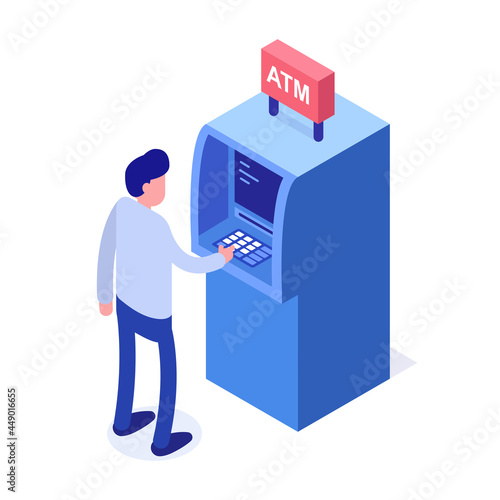 ATM concept. Man standing near ATM machine. Isometric web banner. Vector illustration.