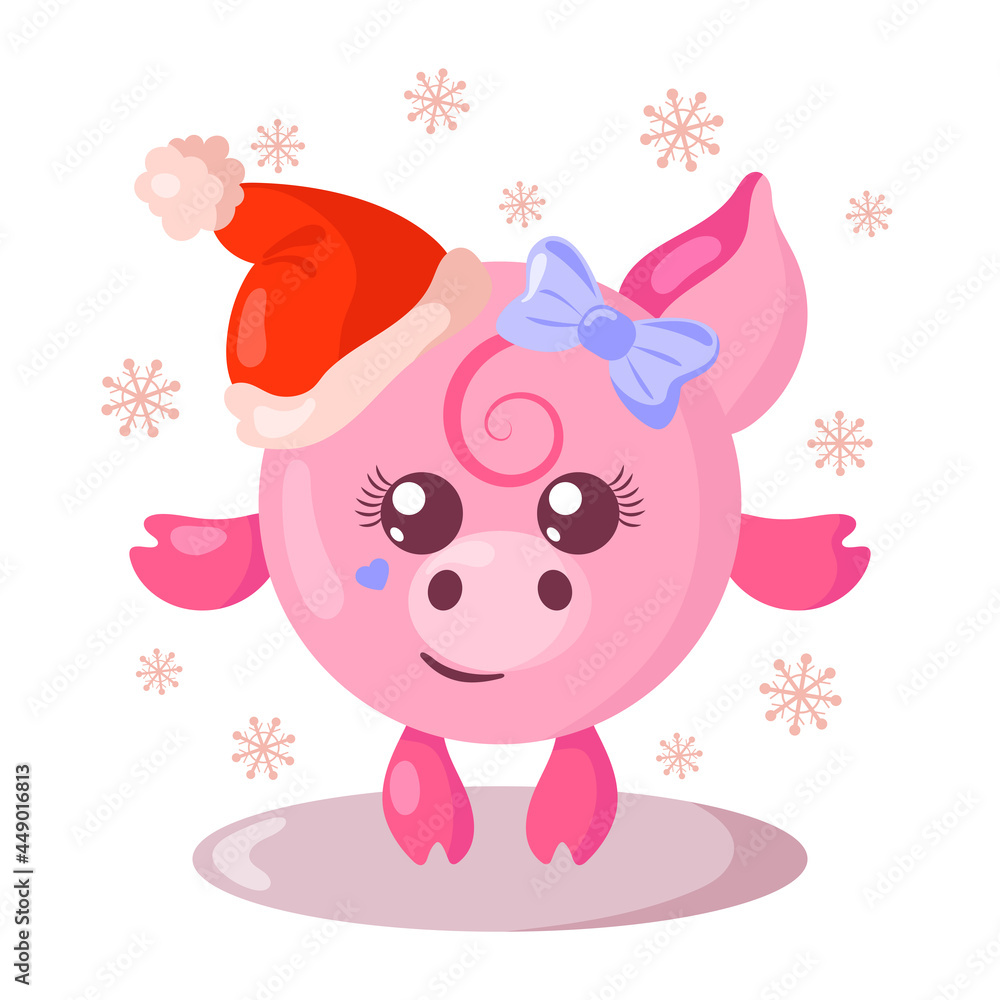 Funny cute kawaii pig with Christmas hat and round body surroundet by snowflakes in flat design with shadows. Isolated animal vector illustration Funny cute kawaii pig with Christmas hat and round body surroundet by snowflakes in flat design with shadows. Isolated animal vector illustration