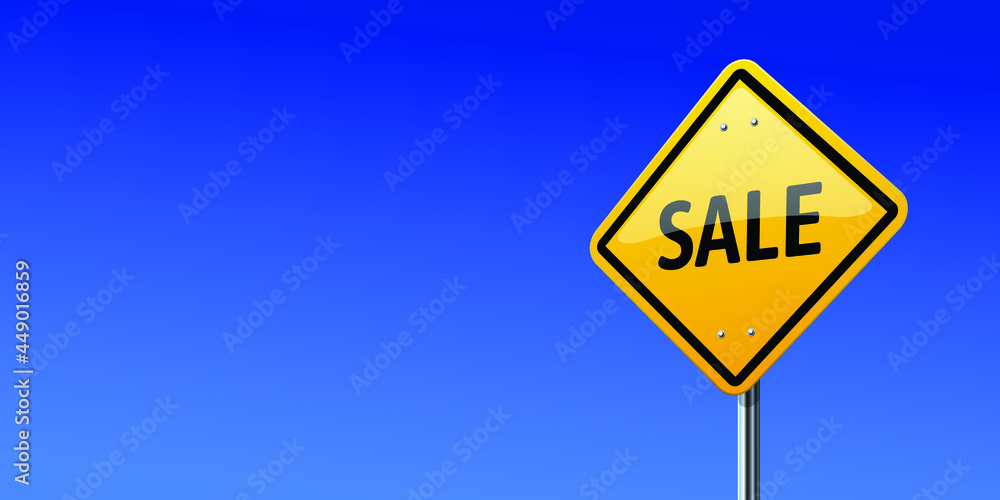 Vector illustration of yellow warning sign isolated on blue background. Sale text. 