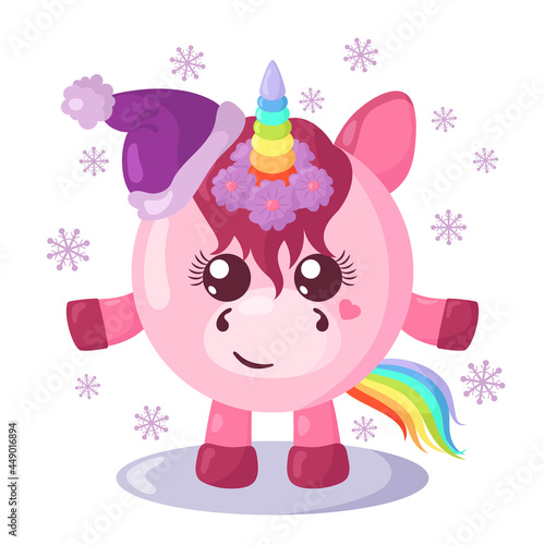 Funny cute kawaii unicorn with Christmas hat and round body surroundet by snowflakes in flat design with shadows. Isolated animal vector illustration 