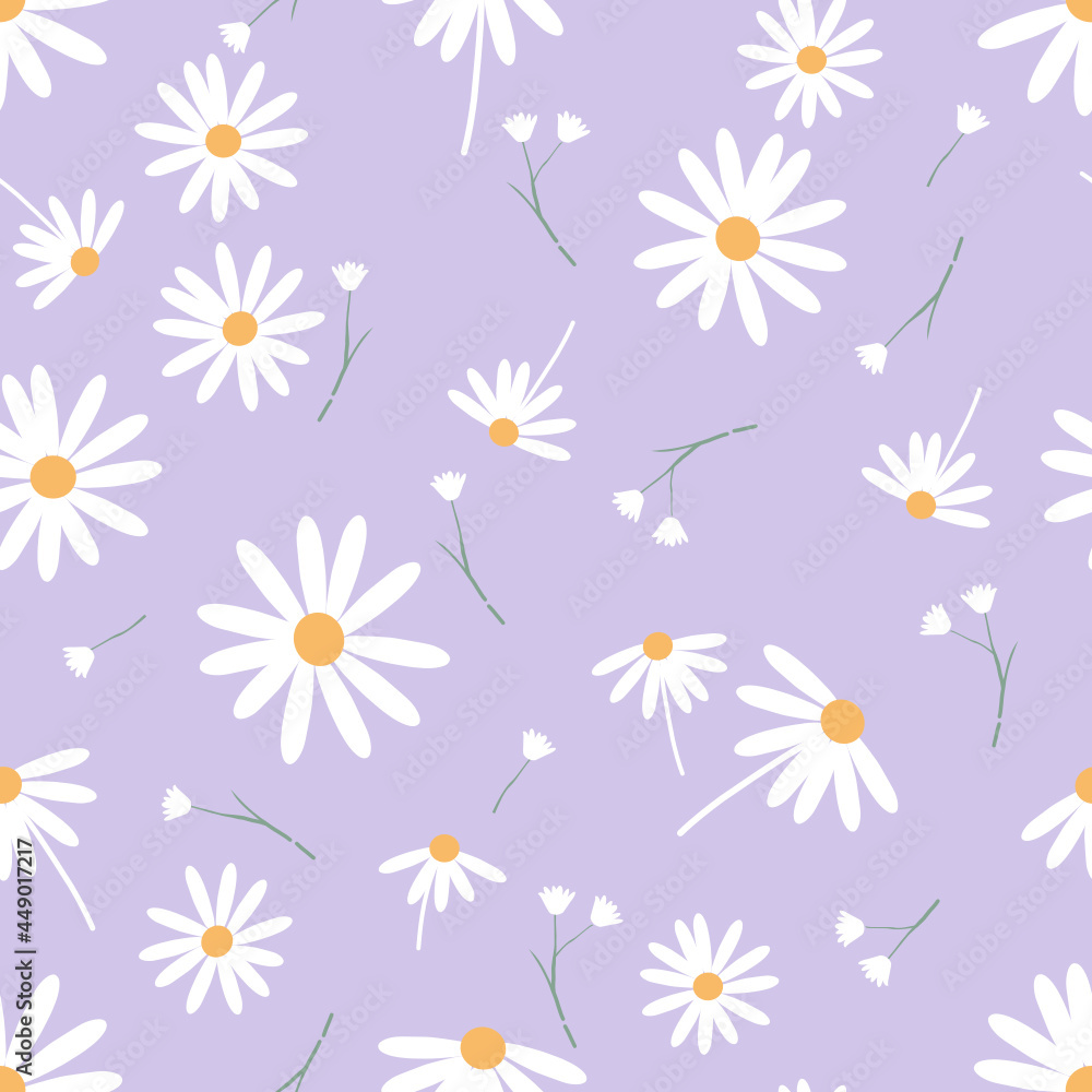 Seamless pattern with daisy flowers on purple background vector illustration.