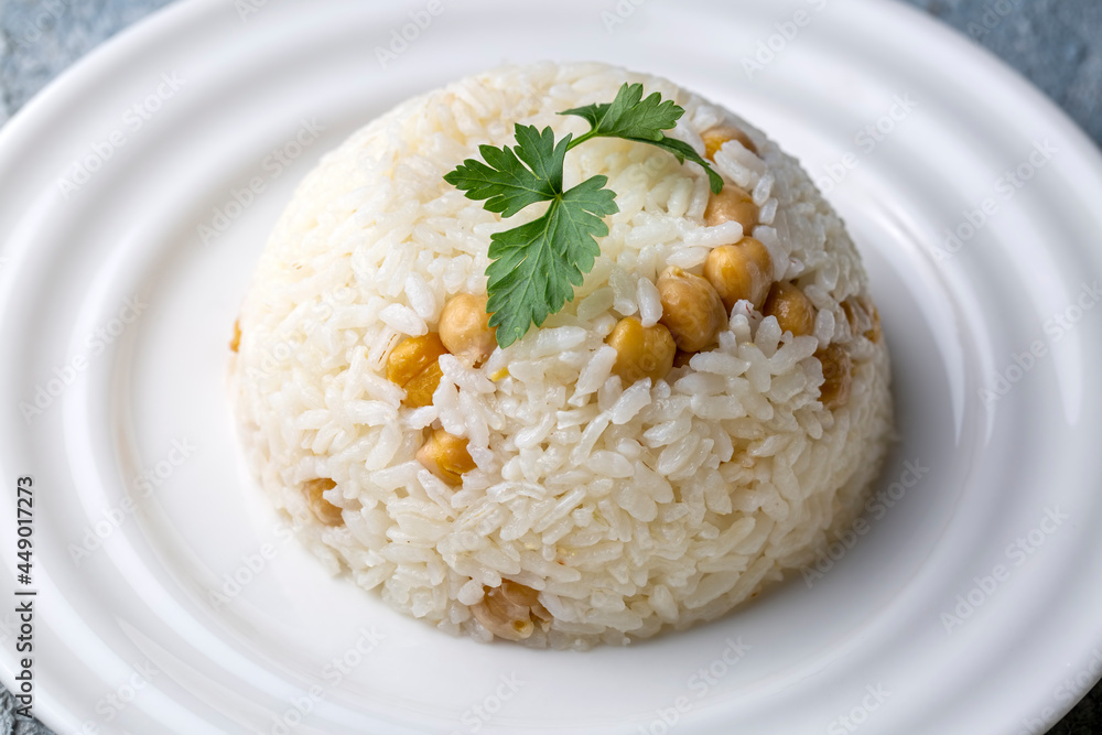 Turkish Rice with chickpea served, Turkish name; Nohutlu pilav or pilaf Turkish Rice with chickpea served, Turkish name; Nohutlu pilav or pilaf