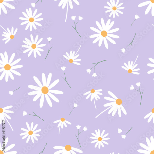 Fotomurale Seamless pattern with daisy flowers on purple background vector illustration