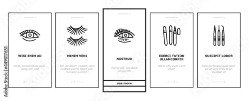 Eyelashes Extension Onboarding Mobile App Page Screen Vector. Applying And Correction Eyelashes, Patches And Tweezers, Brushes And Scissors Illustrations
