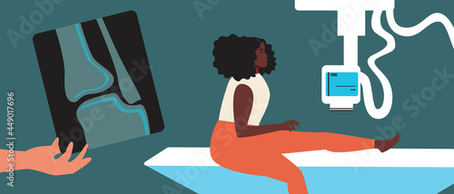 X-ray examination, African patient, Flat vector stock illustration with bone fracture and leg pain, Radiology in medicine