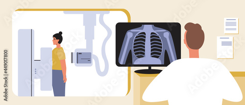Fluorography office, x-ray scan of lungs, flat vector stock illustration with x-ray machine and scan of patient's lungs at the computer