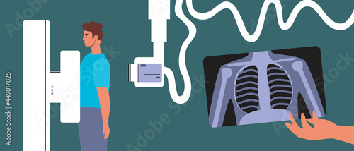 Fluorography room, patient x-ray examination, flat vector stock illustration with patient lung scan and medical radiology photo