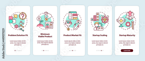 Startup lifecycle phases onboarding mobile app page screen. Business launch walkthrough 5 steps graphic instructions with concepts. UI, UX, GUI vector template with linear color illustrations