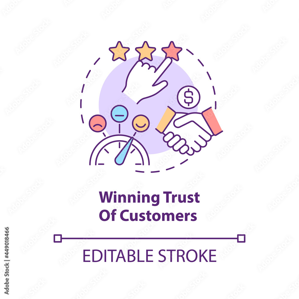 Win trust of customers concept icon. Gain client loyalty to company. Successful business. Startup launch abstract idea thin line illustration. Vector isolated outline color drawing. Editable stroke