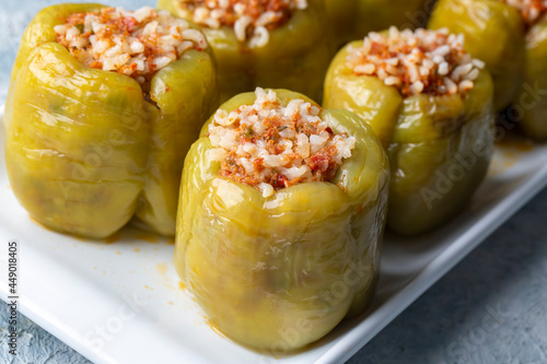Traditional delicious Turkish food  stuffed bell peppers with meat  Turkish name  Etli biber dolmasi 
