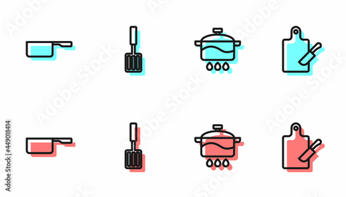 Set line Cooking pot, Saucepan, Barbecue spatula and Cutting board and knife icon. Vector