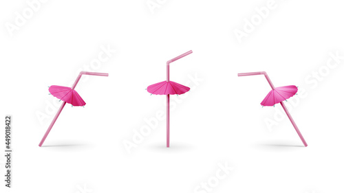 Set of realistic pink Drinking Straws with cocktail umbrella isolated on white background