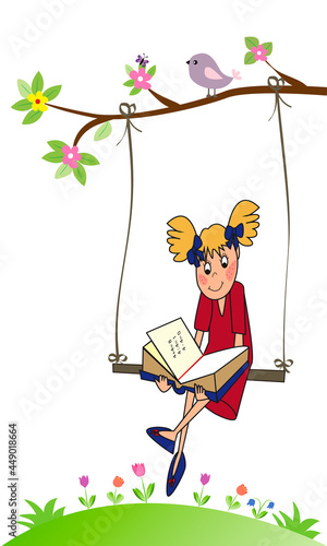 Niña sentada en columpio estudiando matemáticas.