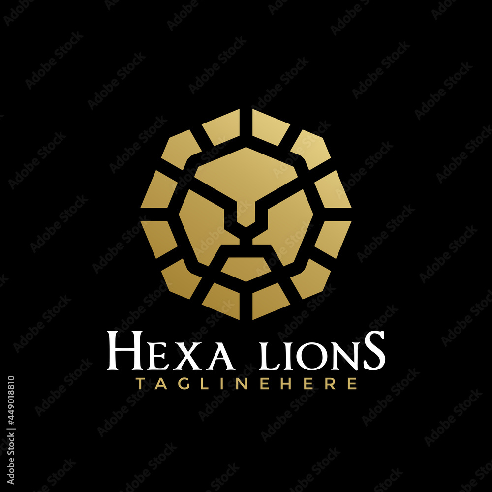 Fototapeta premium Golden Hexagon Lion Head, Abstract emblem logo design concept for template