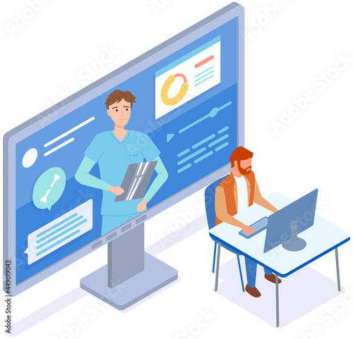 Medical specialist prescribing medications for patient. Traumatologist is consulting injured person online. Man communicating with doctor using computer program. Doctor on monitor shows x-ray