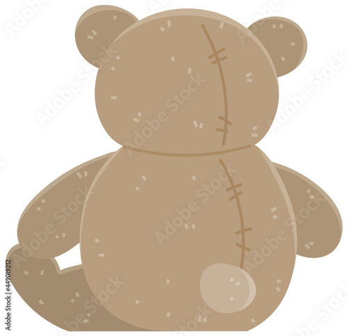 Brown bear children s soft toy back view. Teddy bear icon. Plaything vector flat illustration isolated on white. Clumsy animal laziness symbol. Bear funny cartoon character for kids and children