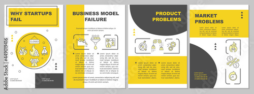 Why startups fail yellow brochure template. Business model problem. Flyer  booklet  leaflet print  cover design with linear icons. Vector layout for presentation  annual reports  advertisement pages