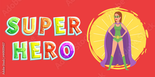 Superwoman smiling, waving hand and has superpowers. Cartoon character in superhero costume with cloak, mask and emblem stands on white background. Strong person protects people from villains